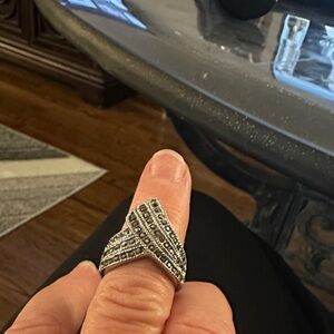 Womens Sterling Silver and Black Stones Ring.  8.5